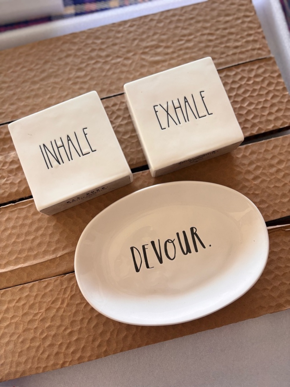 Rae Dunn White Ceramic 'Inhale, Exhale, Devour' Accent Dish Trio